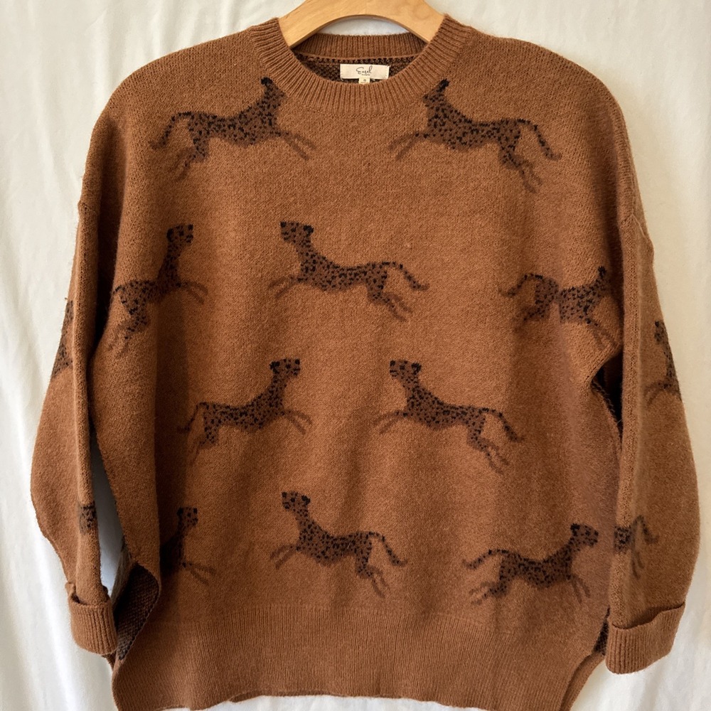 Cheetah Print Drop Shoulder Oversized Round Neck Long Sleeve Pullover Sweater S